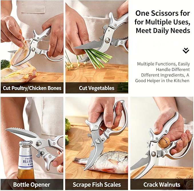 Heavy Duty Safety Lock Non-Slip Handle Multi Purpose Poultry Kitchen Shears | Non-slip handle with safety lock, spring assisted easy cutting; for chicken, turkey, meat,fish, veggies