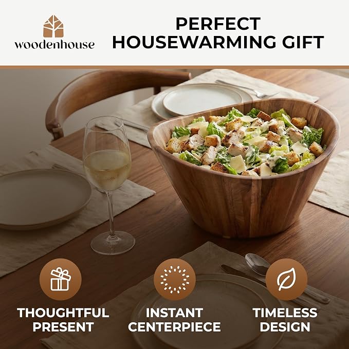 Extra Large Wooden Salad Bowl - Acacia 12" Multi-Purpose Wood Bowls | Multi-Purpose for Fruit, Decor & Storage – Durable Wavy Handmade Design for Kitchen Counter