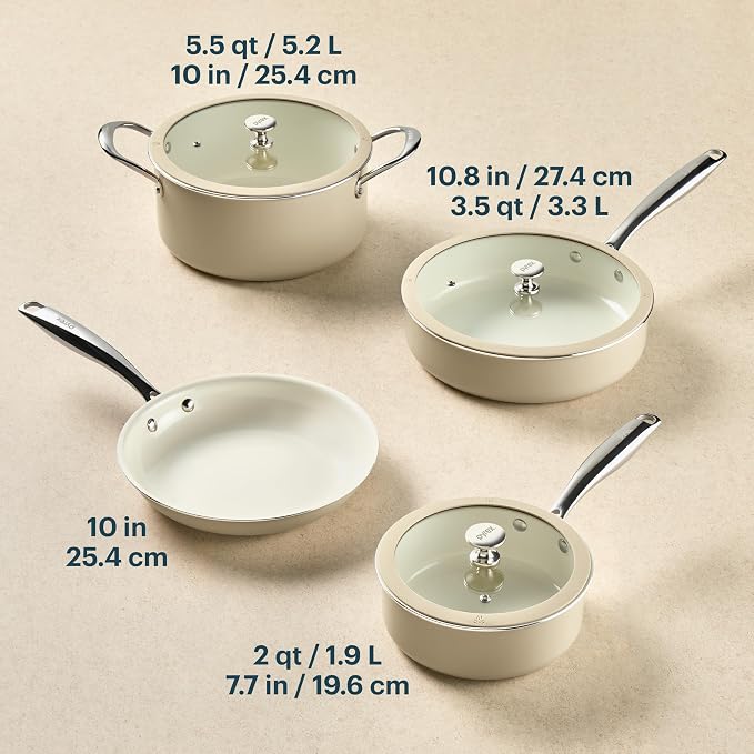 Pyrex 7-Piece Ceramic Cookware Set, Pots and Pans with Lids & Handles | Healthy nonstick ceramic coating, induction compatible stainless steel, PFAS Lead Cadmium BPA Free
