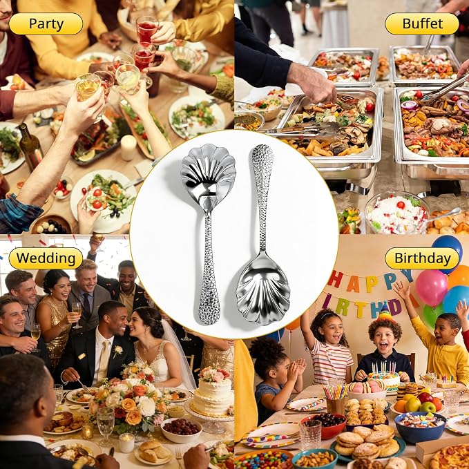 Serving Spoons 4Pack, Hammered Serving Spoons for Buffet 18/10 Stainless Steel Large Serving Spoons Set, Scalloped Design Serving Utensils for Party Catering Dinner Banquet Cooking(Silver)