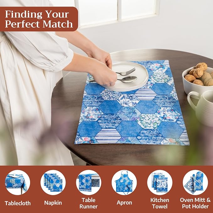 Maison d' Hermine Placemats Set of 4 Reusable 100% Cotton (13"x19") | Cloth Place Mats Washable Table Mats for Kitchen Dining Party Wedding Hotel Home Restaurant Spring Summer - Summer Blues