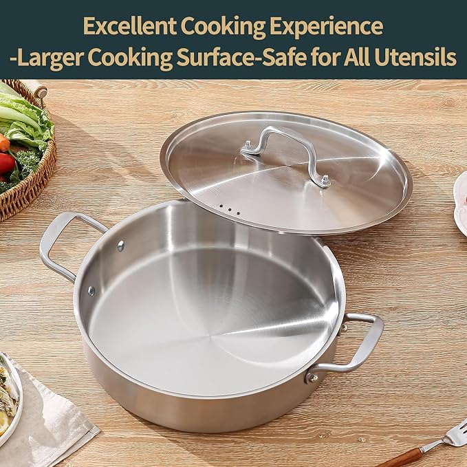 Yeksum 13-inch 8QT Tri-Ply Stainless Steel Sauté Pan | Large Deep Skillet with Lid | Even Heating+Jumbo Surface | Flared Edge Transfer | Non-Toxic 650°F Oven Safe