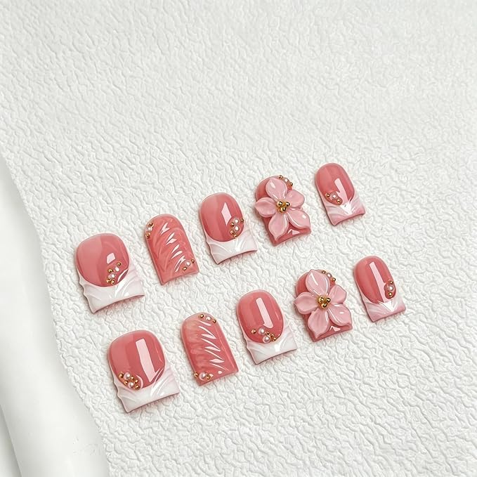 10pcs Flower Press on Nails Handmade Fake Nails with 3D Flower & Gold Bead Charms Short Square Nude Pink French Tip Acrylic Nails Glossy Elegant Style Stick on Nail Manicuare Art for Women (S)