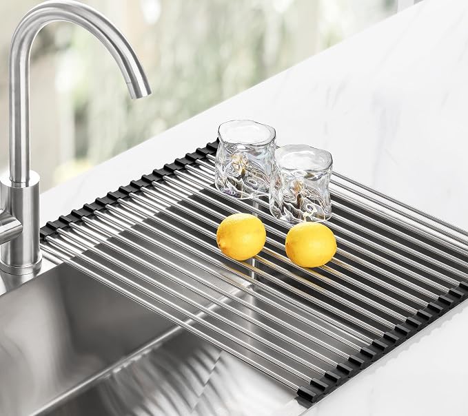 Tomorotec Roll Up Dish Drying Rack Over Sink, 304 Steel, 17.7x15.5, Black | Anti-Slip Silicone Rims For Grip, Heat-Resistant Trivet Mat Holding Heavy Cookware, Rustproof Kitchen Counter Space Saver