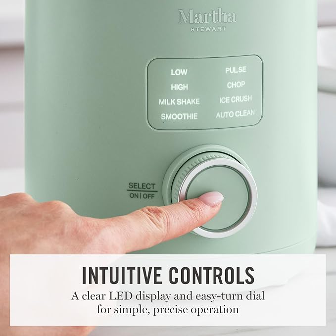 Martha Stewart 50oz Countertop Blender, 3 Speeds, 5 Presets, Honeydew Sage | BPA-Free Pitcher, Smoothies, Margaritas, Milkshakes & Ice Crushing, Stainless Steel Blades, Auto-Clean, Dishwasher-Safe Parts