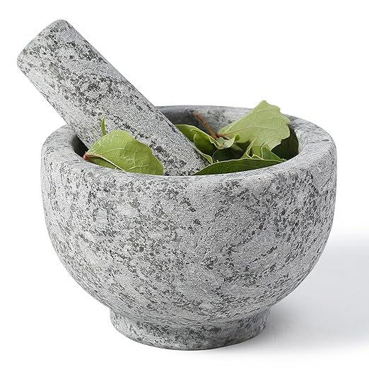 5 Inch 1.5 Cup-Capacity Mortar and Pestle Set - Heavy Natural Granite Spice Grinder Bowl, Unpolished Heavy Granite for Organic Appearance, Solid Stone Grinder Marble Spice Herb Grinder