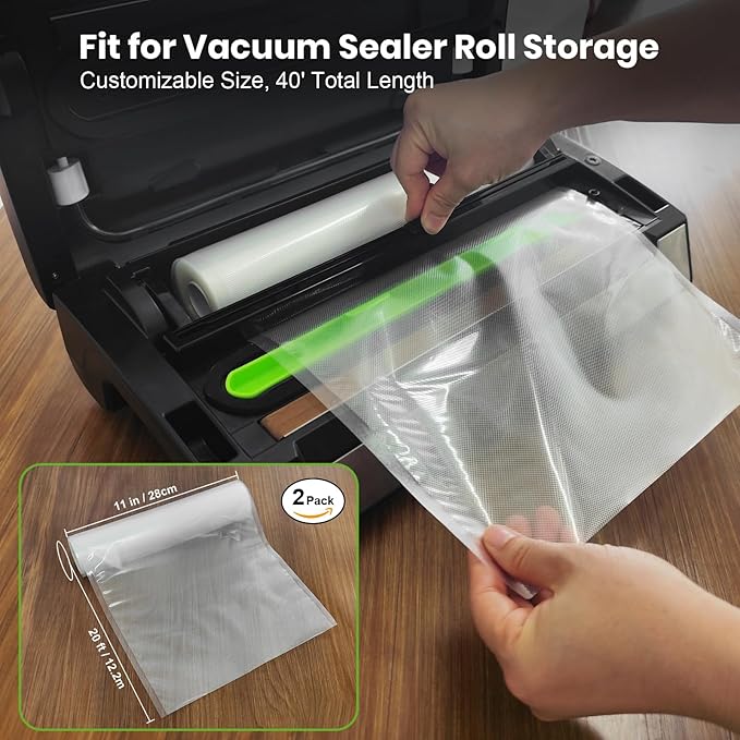 Vacuum Sealer Bags, 2 Pack 8" x 20' Rolls, BPA-Free Commercial Grade, Durable Customized Size for Airtight Food Storage, Meal Prep or Sous Vide Cooking
