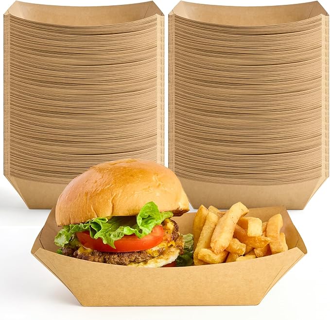 ZORRITA Large Paper Food Trays, 4 LB, 100 Pack | Disposable, Kraft Paper, Nacho Trays, Food Boats, Party Serving Basket, For Nachos Sandwiches Burgers Popcorns Salads Snacks