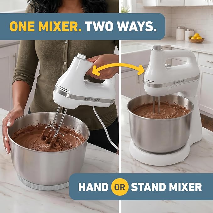 West Bend Two Sweet 2-in-1 Hand & Stand Mixer, 11 Speeds with Turbo Boost, 4.4 Qt Rotating Bowl, Dough Hooks, Beaters & Whisk, Tilt-Head Design, 550 Peak Watts, White