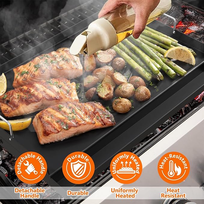 Upgrated 25" x16 " Nonstick Universal Cast Iron Griddle, Muti-Purpose Cooking Griddle for Gas Grill with Grease Groove, Pre-Seasoned Flat Top Plate Insert for Camping, Tailgating, Parties