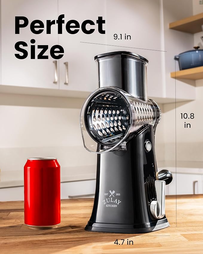 Zulay Kitchen Rotary Cheese Grater 5 Blade Cheese Shredder - Manual Hand Crank Cheese Grater With Reinforced Suction & 5 Interchangeable Drums - Easy to Use, Vegetable Chopper Round Mandoline Slicer