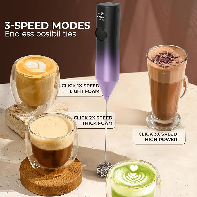 Zulay Kitchen Rechargeable Milk Frother Handheld - Frother Wand, Drink Mixer, Electric Whisk Frother, for Cappuccinos, Matcha & Protein Powder - Dynamic Triple Whisk, 3 Speed 500mAh Galaxy