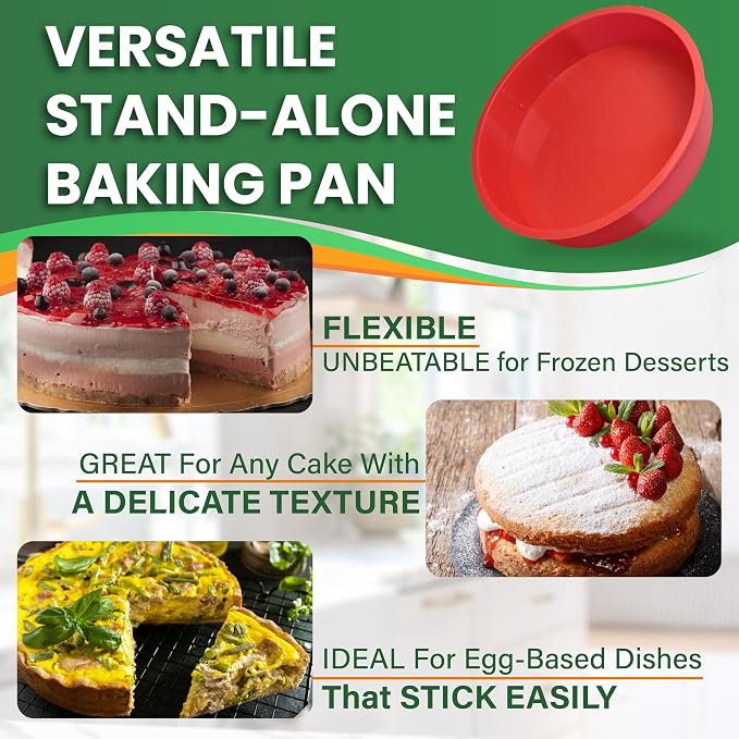 Cheesecake Pan, 9 Inch Springform with 2 REUSABLE NON-STICK Silicone LINERS | with Silicone Sleeve for WATER BATH BAKING, DISHWASHER SAFE Components, 0.4 mm Stainless Steel Pan, Spring-Lock Latch
