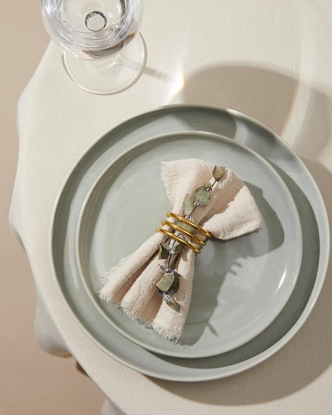 32 Piece Dinnerware Set for 8 with Pasta Bowls, Gray Green Reactive Glaze Stoneware | All‑in‑One Host Set for Entertaining, Holiday Meals, Multi‑Course Dish Set | Unique Irregular Look