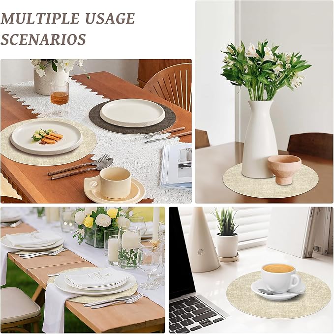 NCUE 13" Faux Leather Round Placemats Set of 6, Reversible Dual-Color | With 3.9" Coasters, 2 mm Vinyl Table Mats, Waterproof Wipeable Heat Resistant, Non-Slip Texture, for Dinner Party Home Decor