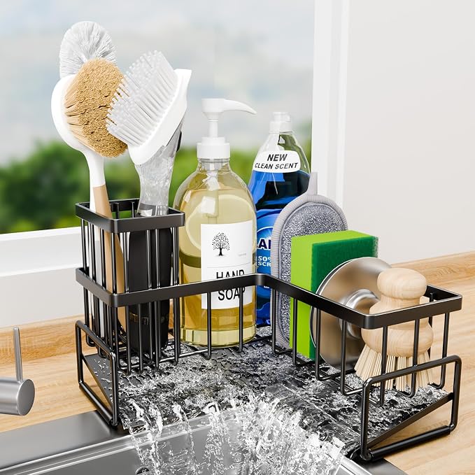 TEAMOLA Kitchen L-Shaped Sponge Holder - Large Metal Sponge Sink Caddy | Black Metal Corner Sponge Caddy, Sloped Drain Tray for Sink, Kitchen Countertop Organizer Holds Soap Brush Sponge Non-Slip