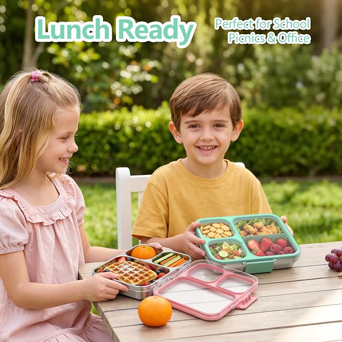 HOMEKOL Stainless Steel Bento Lunch Box 3-Compartment, 4.2Cups, Green | Leak-Proof Metal Lunch Container for Kids & Adults, BPA-Free, Dishwasher Safe, Clear Tritan Lid, 1000ml (Not Insulated)