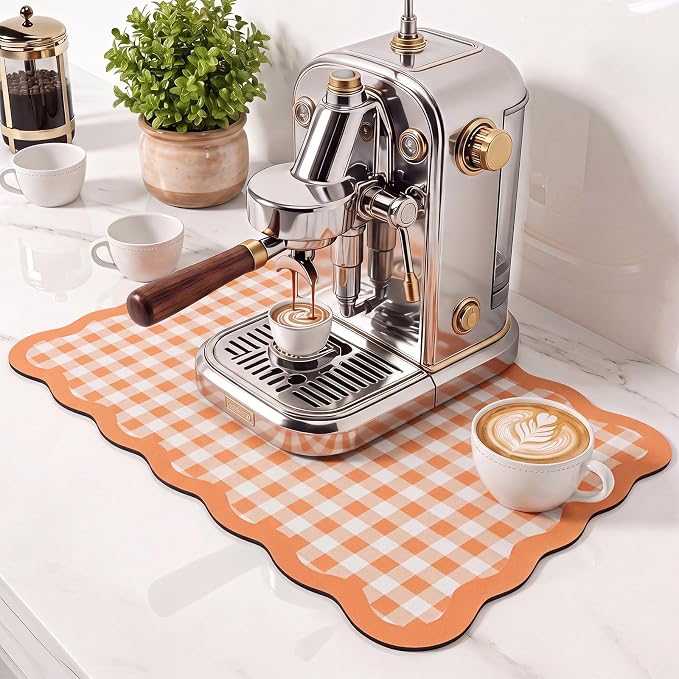 Orange Scalloped Gingham Coffee Mat 12" x 20" Absorbent Bar Mat | Gingham Espresso Matt with Non Slip Rubber Backing for Coffee Countertops