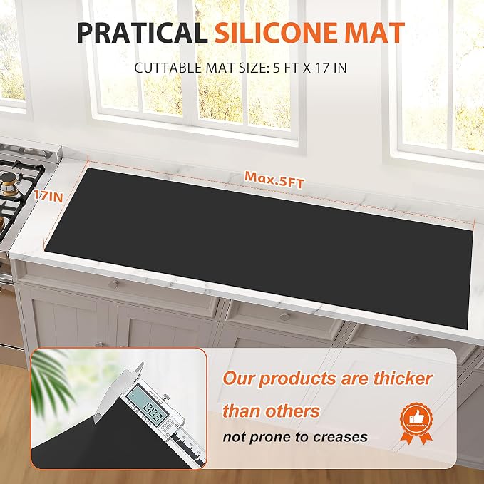 Silicone Mat Roll, Heat Resistant Kitchen Countertop Protector | 17IN X 5FT, Black | Non-Slip Table Mat Desk Saver Pad, Multi-functional Cuttable Silicone Mats, Craft Mat