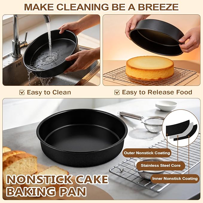 P&P CHEF 9 Inch Cake Pan Set of 3, 3 Pcs Nonstick Round Cake Baking Pans | Stainless Steel Core & Non-stick Coating, Layer Cakes Tin for Cooking, Ideal for Birthday Wedding, Oven & Dishwasher Safe