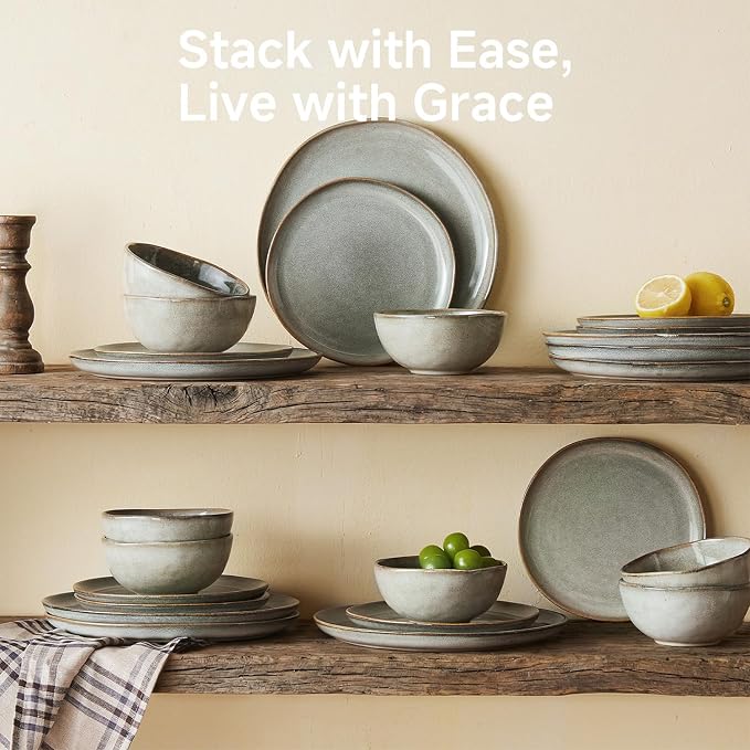 Stoneware Dinnerware Sets for 6, Reactive Glaze Plates and Bowls, Grey | 18-Piece Handcrafted Rustic Porcelain Dishes Set, Highly Scratch Resistant, Dishwasher & Microwave Safe