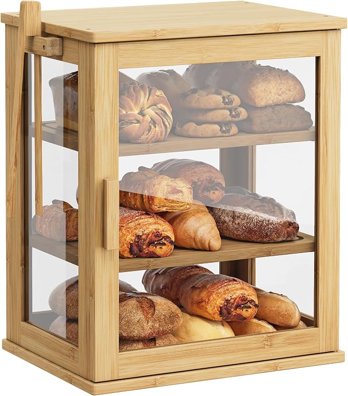 WOWLIVE Bread Box for Kitchen Countertop, 3 Layers Bread Storage Container | Large Bamboo Bread Bin for Homemade Bread with Window, Farmhouse Breadbox Organizer for Kitchen, Cabinet, Natural, Meduim