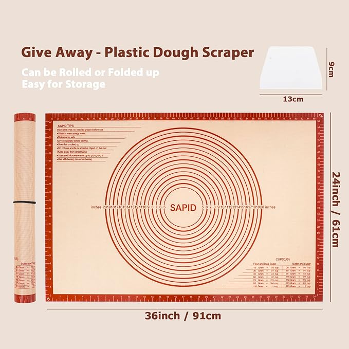 Sapid Thick Silicone Pastry Mat Baking Dough Rolling Extra Large 24" x 36" | Non-slip with Measurements for Non-stick Dough Rolling, Pie Crust, Kneading Mats, Countertop, Placement Mats (Red)