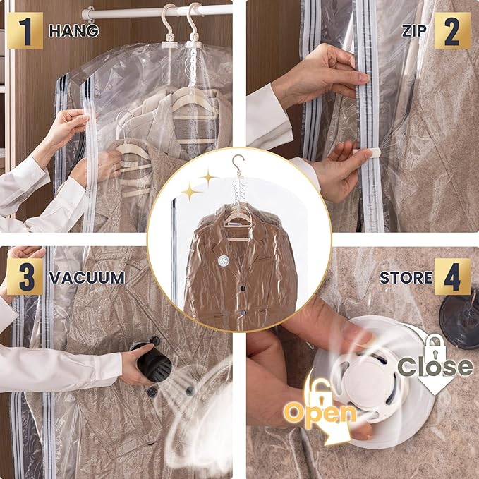 TAILI Hanging Vacuum Storage Bags for Clothes,Space Saver 4 Combo with Pump | Vacuum Seal Bags for Clothing Travel, Winter Clothes Storage Closet Organizers, Garment, Coats, Suits and Jackets