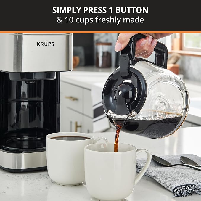 KRUPS Coffee Maker 10 Cups Simply Brew Stainless Steel Drip Coffee Maker, 900 Watts Coffee Filter, Drip Free, Dishwasher Safe Pot , Black & Silver | Pause & Brew mid-cycle pour, Keep Warm function, Reusable filter included, Drip-free dishwasher-safe gl...