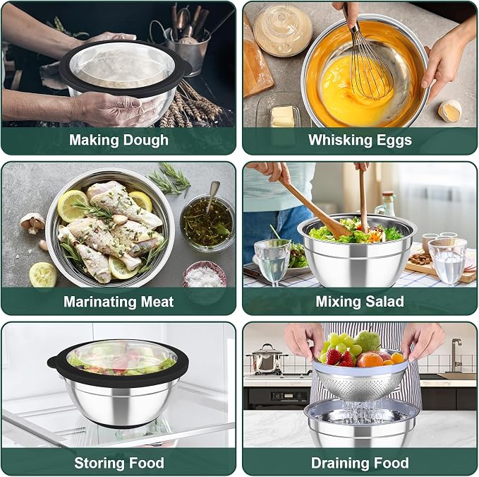 TeamFar Mixing Bowls with Colander, Stainless Steel Salad Bowls, Black | 4.6/ 3/ 1.5 QT Nesting Bowls Rotatable Fruit Strainer, with Lids & 3 Graters, Non-Slip Bottom & Visible Lid, Dishwasher Safe