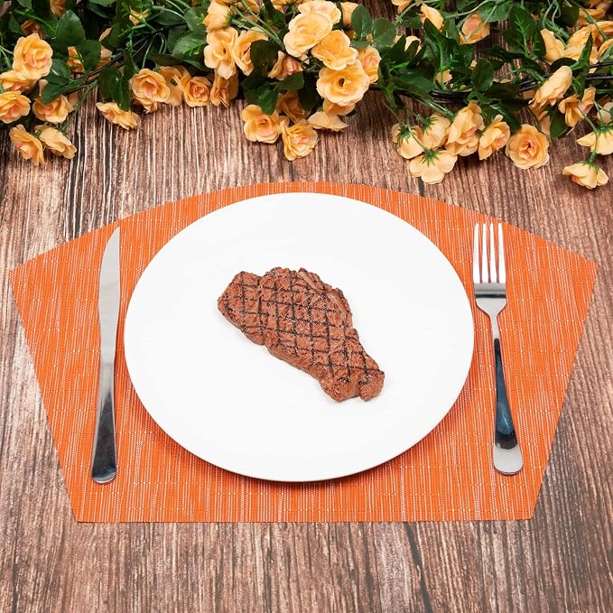 SHACOS Round Table Placemats Set of 5 Woven Vinyl Wedge Placemats with Centerpiece Round Table Mats Heat Resistant Wipe Clean (5, Orange)