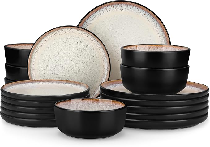 vancasso Plates and Bowls Sets, Ceramic Dinnerware Sets Stoneware Kitchen Dishes Dishware Mircowave and Dishwasher Safe, 18 Pieces, Oyster White
