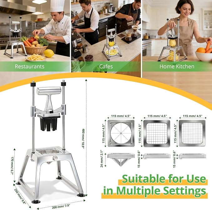 Commercial Vegetable Chopper & Fry Cutter, 3-Blade Manual Dicer | 1/4", 3/8" & 8-wedge blades, stainless steel cutters, aluminum alloy frame, suction base, detachable parts for easy cleaning