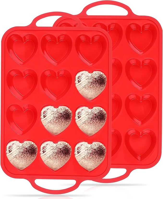 2 Pcs Heart Shaped Muffin Pan with Metal Reinforced Frame 12 Cup Nonstick Silicone Heart Cake Mold for Baking 2.5 Inch Cupcake Tray (Red)