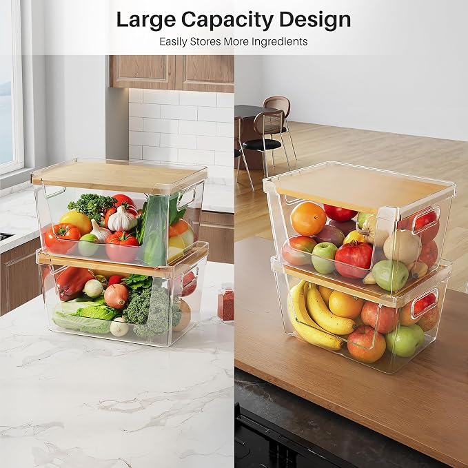 2 Set Pantry Organizer and Stackable Storage Kitchen,Sturdy and Durable Storage Basket for Potato, Onion, Garlic, Fruit, Vegetable, Produce, Clear Plastic Storage with Lid&Handle