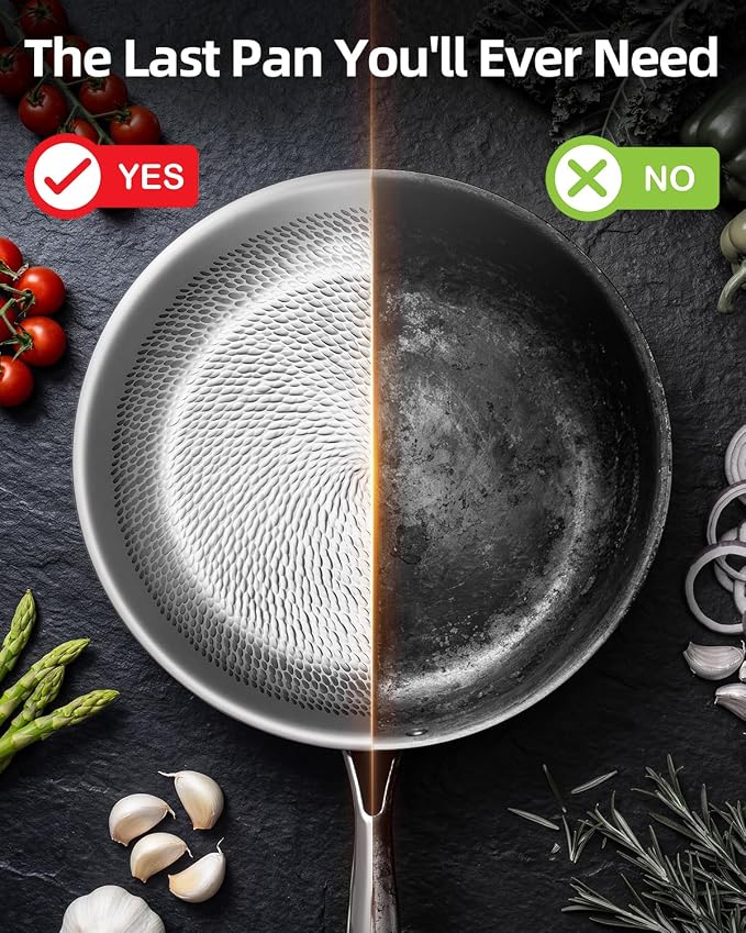 Titanium Pans for Cooking,12 Inch Frying Pan,Nonstick Pan Skillet | Uncoated Hammered Pure Titanium Pro Pan, PFOA/PFAS/PTFE Free Cookware Non-Toxic, Induction & Oven-Safe