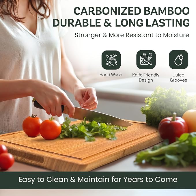 Bamboo Cutting Board for Kitchen - 17" Large Wooden Cutting Board, Heavy Duty Chopping Board with Side Handles, Deep Juice Groove, Reversible Charcuterie & Cheese Board for Meat and Serving