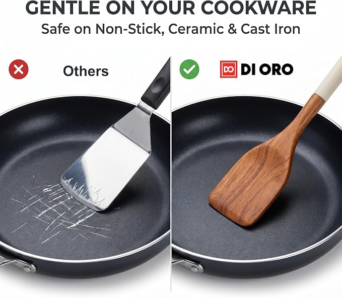 DI ORO Wooden Kitchen Utensil Set - 5 Pc Spoon & Spatula, Cream | Won't scratch nonstick pots and pans; Natural hardwood, easy to hand wash; For cooking, serving, stirring, and turning