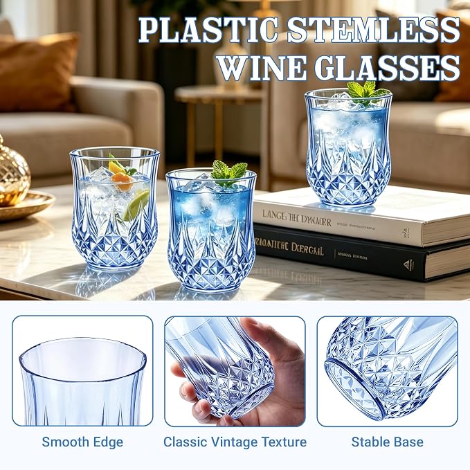 12 Pack 12 Oz Plastic Stemless Wine Glasses, Blue | Unbreakable, Reusable, Elegant Vintage Design, Fancy Cocktail Cups, Whiskey, Champagne, Wedding, Party, Bars, Holiday Events