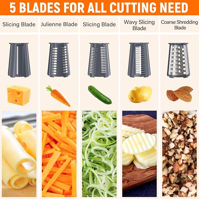 Rotary Cheese Grater Hand Crank, 5-in-1 Vegetable Chopper Spiralizer Slicer | Shredder with 5 Interchangeable Blades for Vegetable, Cheese, Fruit, with Blades Storage Box & Stable Suction Base (Grey)
