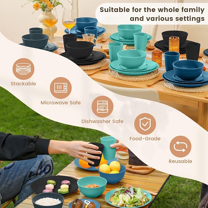 40 PCS Premium Wheat Straw Dinnerware Sets, Reusable Unbreakable Plates and Bowls Set, Cups Sets, Service for 8, Microwave and Dishwasher Safe Dishes Set for Party, Outdoor (Nightscape)
