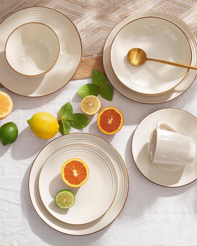 Famiware Jupiter Stoneware Dinnerware Sets with Pasta Bowls, Dishes for 4 | 16pc Speckled Plates and Double Bowls with Rim, Chip & Scratch Resistant, Microwave & Dishwasher Safe, Neutral Vanilla White