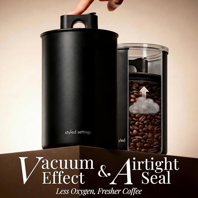 STYLED SETTINGS Coffee Storage Container, Airtight Coffee Bean Storage | Stainless Steel, BPA Free, Food Grade, Airtight, Vacuum Effect, Stackable