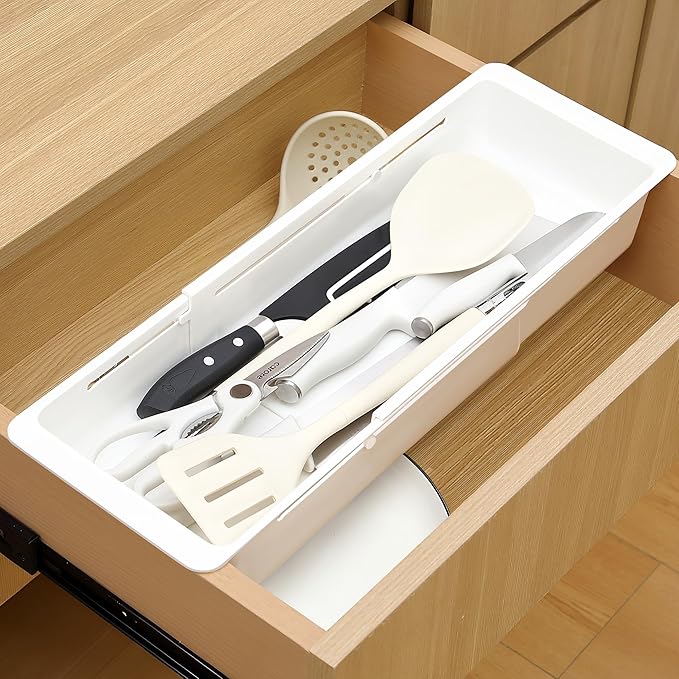 1 Pack Deep Drawer Organizer Adjustable Storage Bin(17.4-27.6") | Adjustable Width Design, Maximize Drawer Storage, Kitchen & Home Organization Solution
