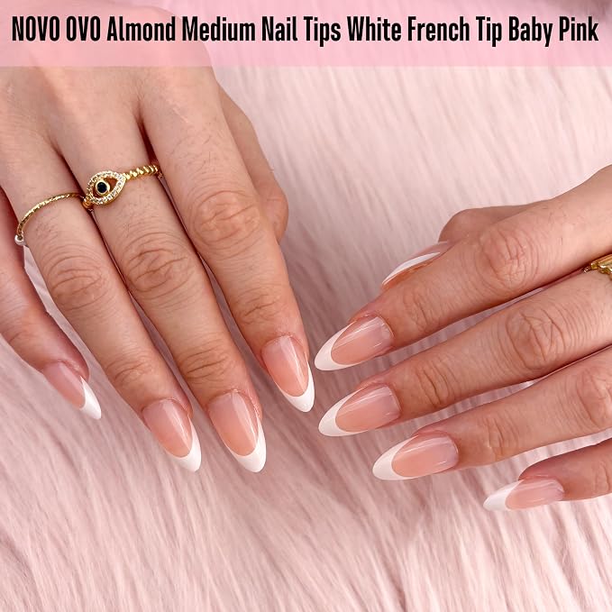 NOVO OVO White French Tip Almond Nail Tips Press on BABY PINK, Extra Thick Medium Soft Gel Fake Nail Acrylic Extension, Need Builder Gel Top Coat, No Glue Included, for Salon DIY x 15 Sizes 240 pcs
