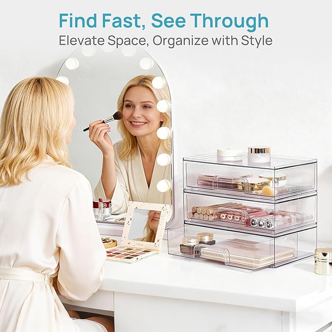 Vtopmart Clear Stackable Storage Drawers, 2 Pack Wide Plastic Organizers | Clear Pull-Out Plastic Drawers, Stackable Design for Makeup Palettes, Cosmetics, Beauty Supplies, Vanity, Cabinet and Desk