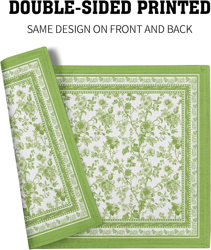 Green Floral Placemats Set of 4 Chinoiserie Boho Flowers Linen Fabric Rectangle Table Mat 12x18 Inch Washable Heat Resistant Outdoor Seasonal for Kitchen and Dining Table Decor