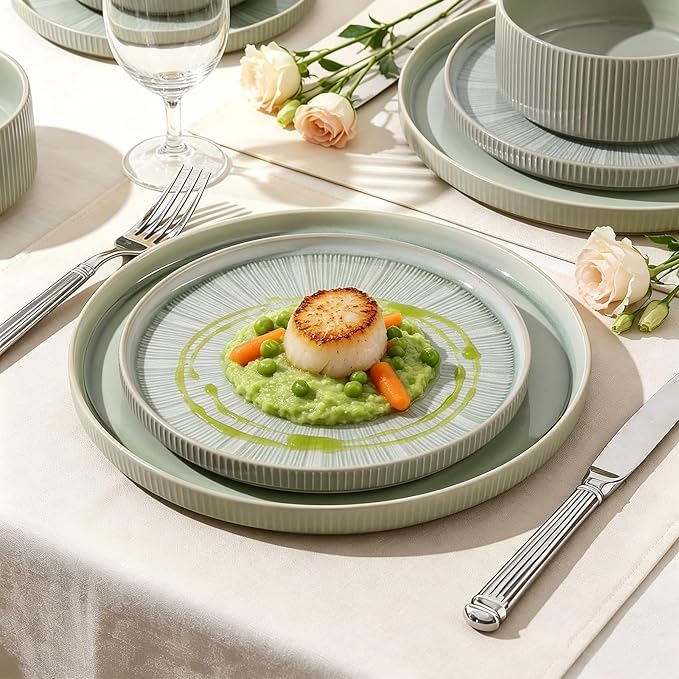 Stoneware Dinnerware Sets for 4, 12-Piece Plates and Bowls Set, Sage Green | Advanced Inkjet Printing Ceramic Dishes, Modern Minimalist Tableware, Scratch Resistant, Microwave and Dishwasher Safe