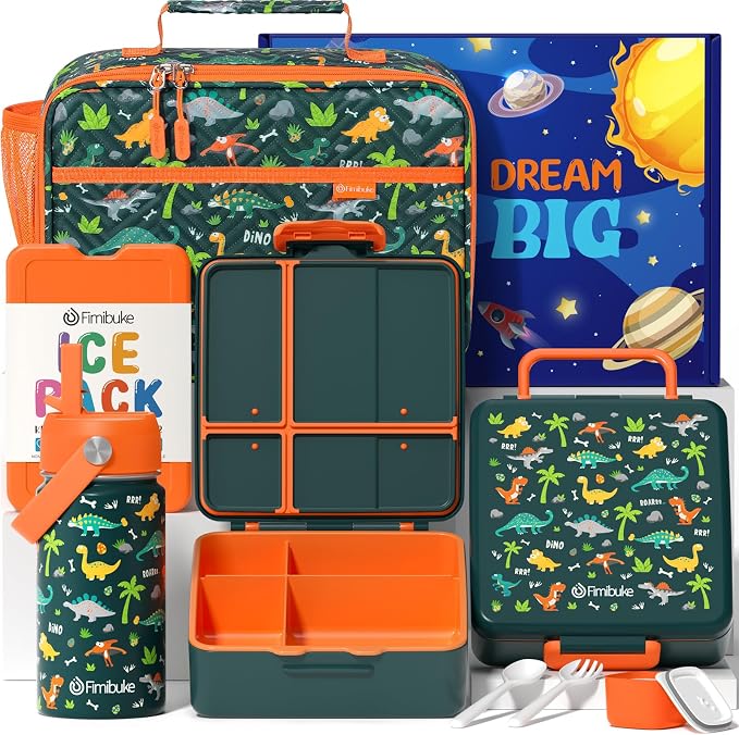 Fimibuke Kids Bento Lunch Box with Toddler Insulated Water Bottle Lunch Bag | Lunch Box Kids with 4 Compartments, Ice Pack & Utensils Set, Birthday Gifts for Ages 3-12 Back to School Toddler Girls Boys