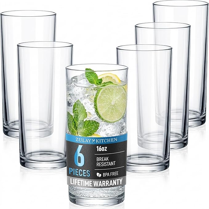 Zulay Kitchen Plastic Drinking Glasses (Set of 6) – 16oz Acrylic Shatterproof Water Cups for Home, Kitchen & Outdoors – Crystal Clear Glass Look – BPA & Lead-Free – Top-Rack Dishwasher Safe